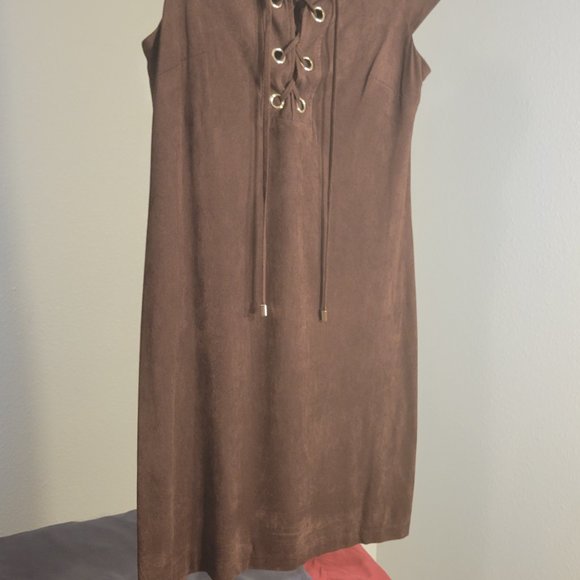 SANDRA DARREN WOMENS BROWN SHORT SLEEVE VEGAN VELVET LACE NECK DRESS - Picture 10 of 13